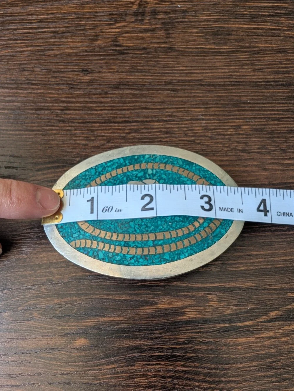 Vintage Mexico Alpaca Silver Belt Buckle Crushed Turquoise Inlay Western Cowboy